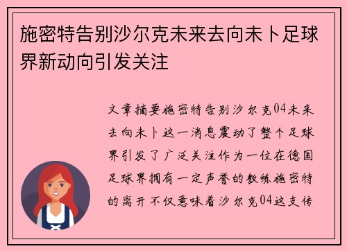 施密特告别沙尔克未来去向未卜足球界新动向引发关注